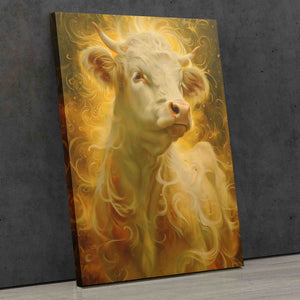 a painting of a cow with a yellow background