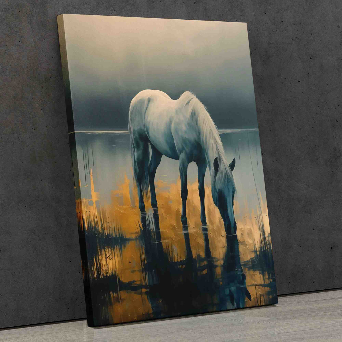 a painting of a white horse drinking water