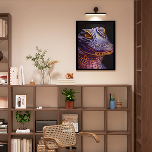 a living room with a chair and a book shelf