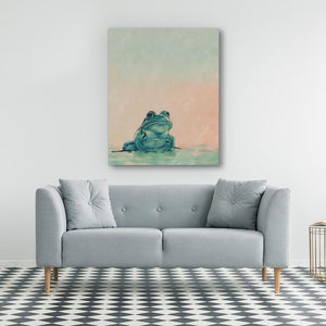 a living room with a couch and a painting on the wall