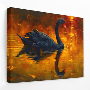 a painting of a black swan floating on water