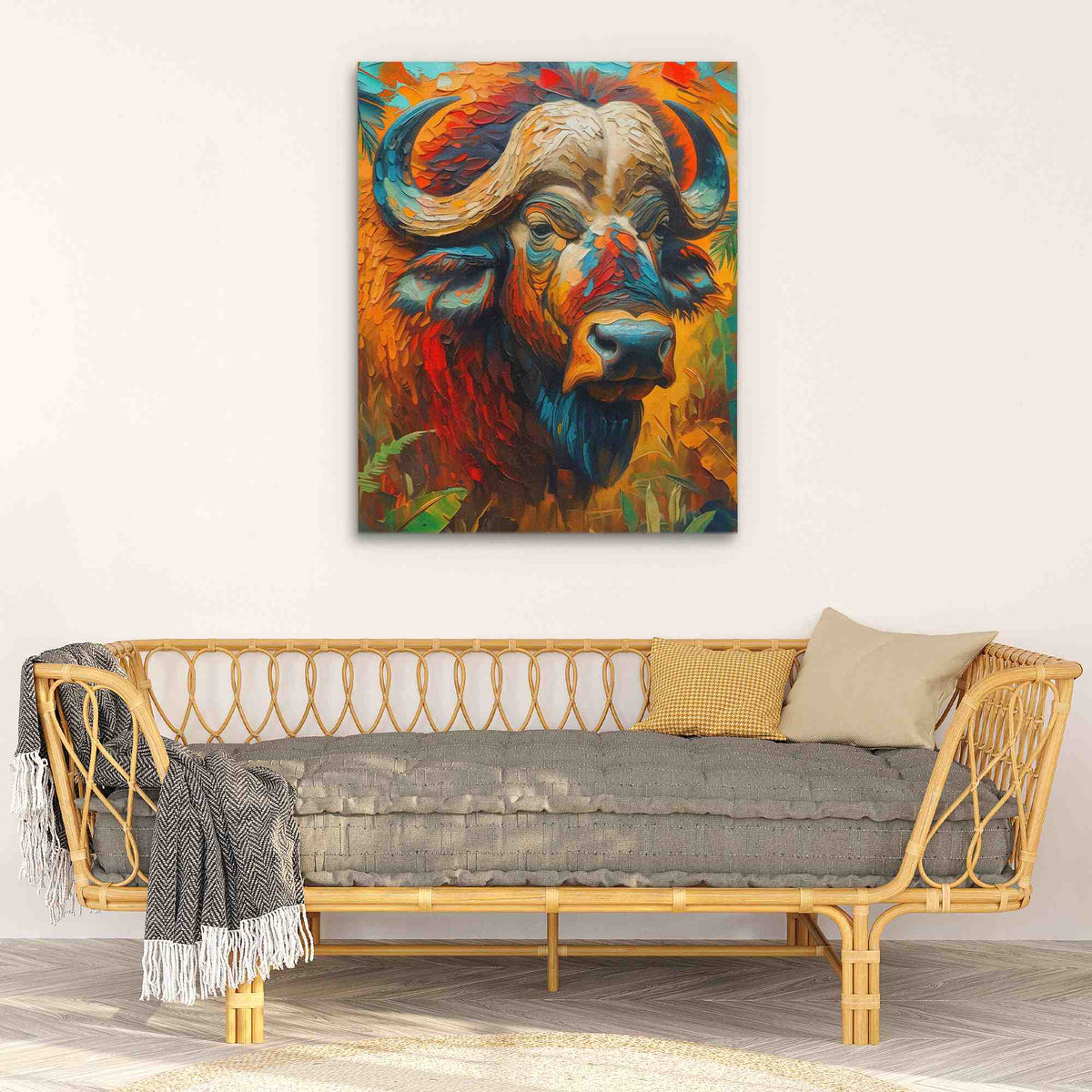a living room with a couch and a painting on the wall