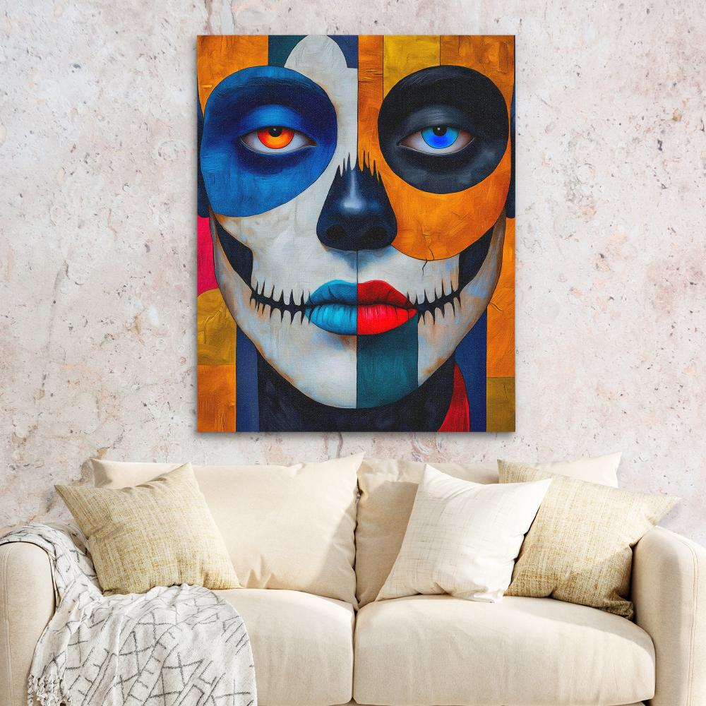 a painting of a skeleton with blue eyes