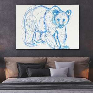 a drawing of a bear on a wall above a bed