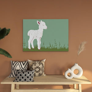 a painting of a lamb on a wall above a table