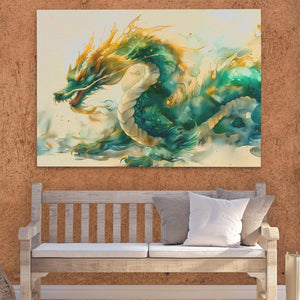 a painting of a dragon on a wall above a bench