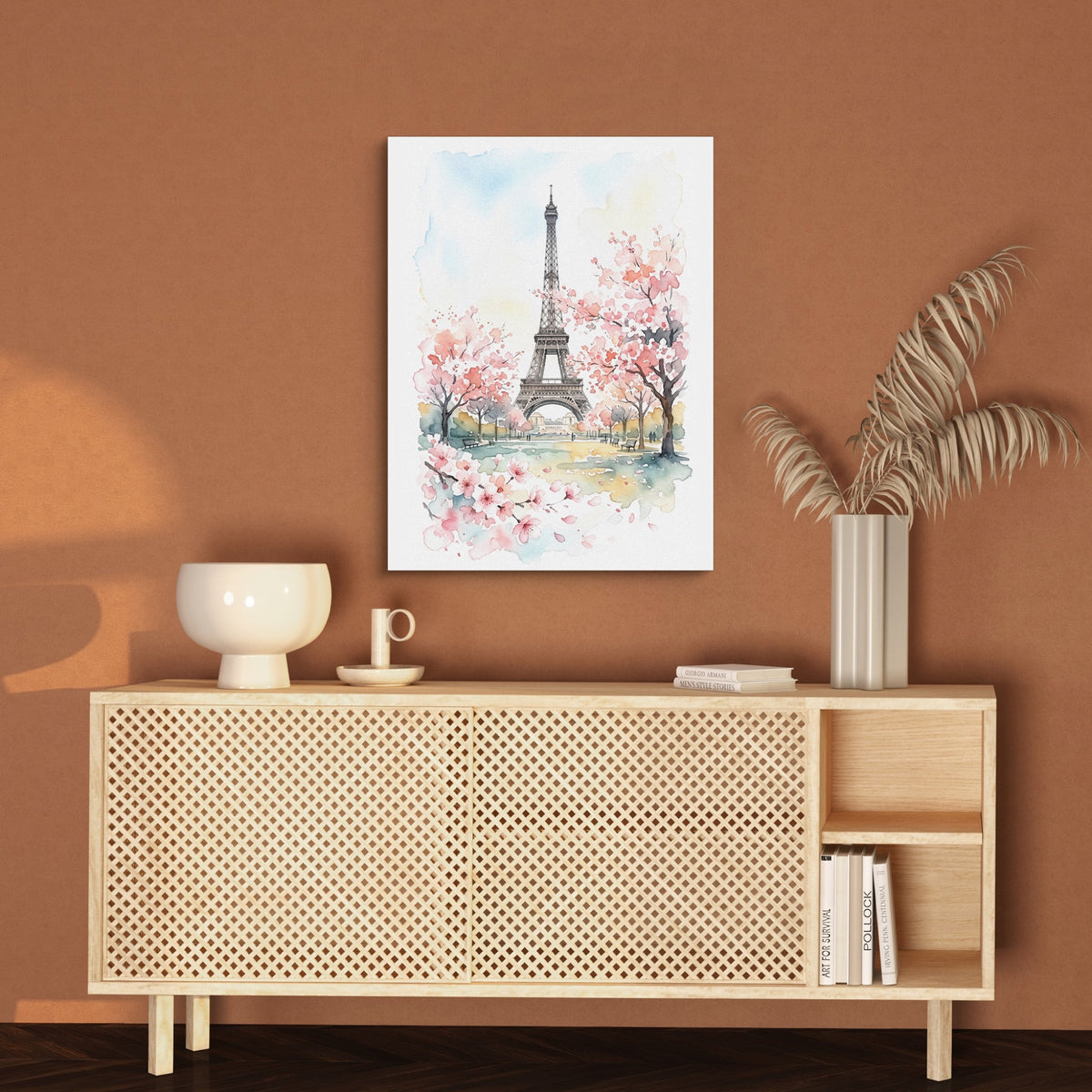 Eiffel Spring Blossoms — eiffel spring blossoms sq brown wall 1port flush print