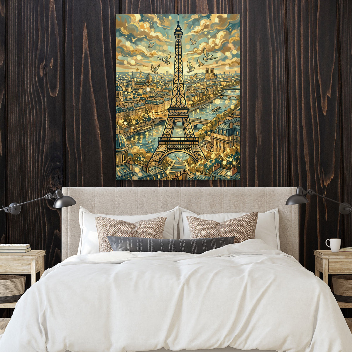 Eiffel Tower Golden City — eiffel tower golden city sq bedroom with wood walls 1port flush print