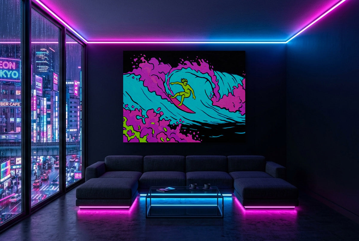 Electric Wave Rider — electric wave rider modern living room with neon lights 1land flush print