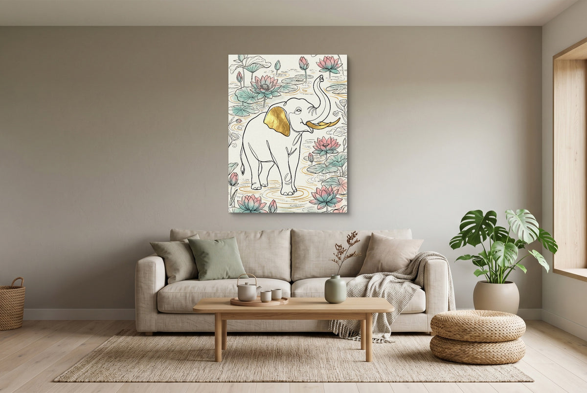 Elephant Golden Lotus — elephant golden lotus living room interior view 2 1port flush print