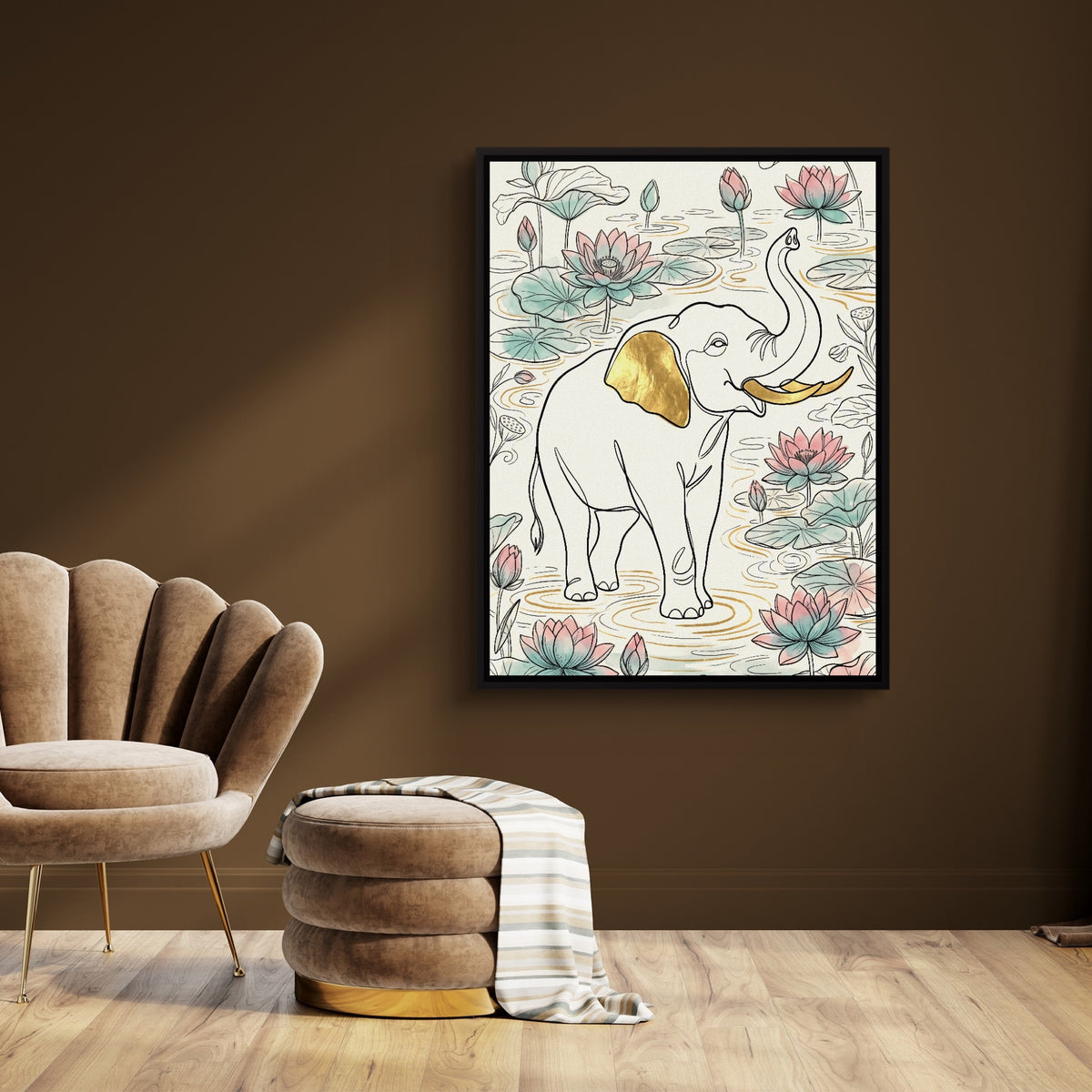 Elephant Golden Lotus — elephant golden lotus sq brown room 1port framed black