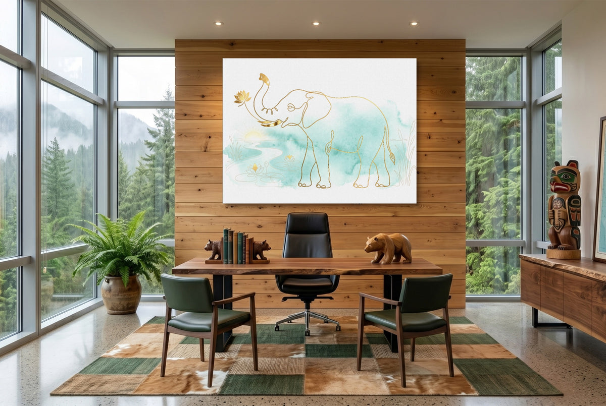 Elephant Teal Sunrise — elephant teal sunrise office with wooden desk 1land flush print