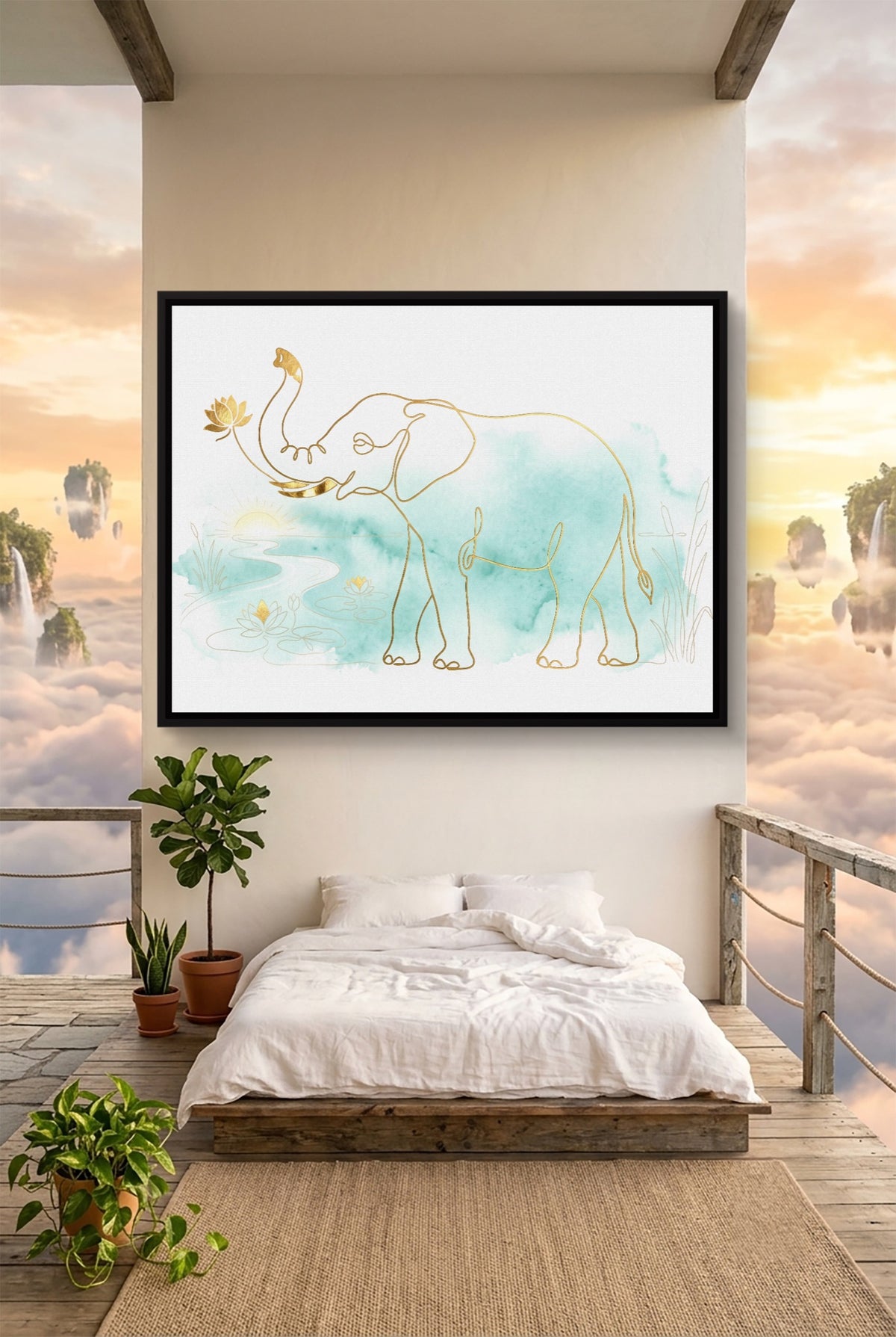 Elephant Teal Sunrise — elephant teal sunrise p bedroom with view 1land framed black