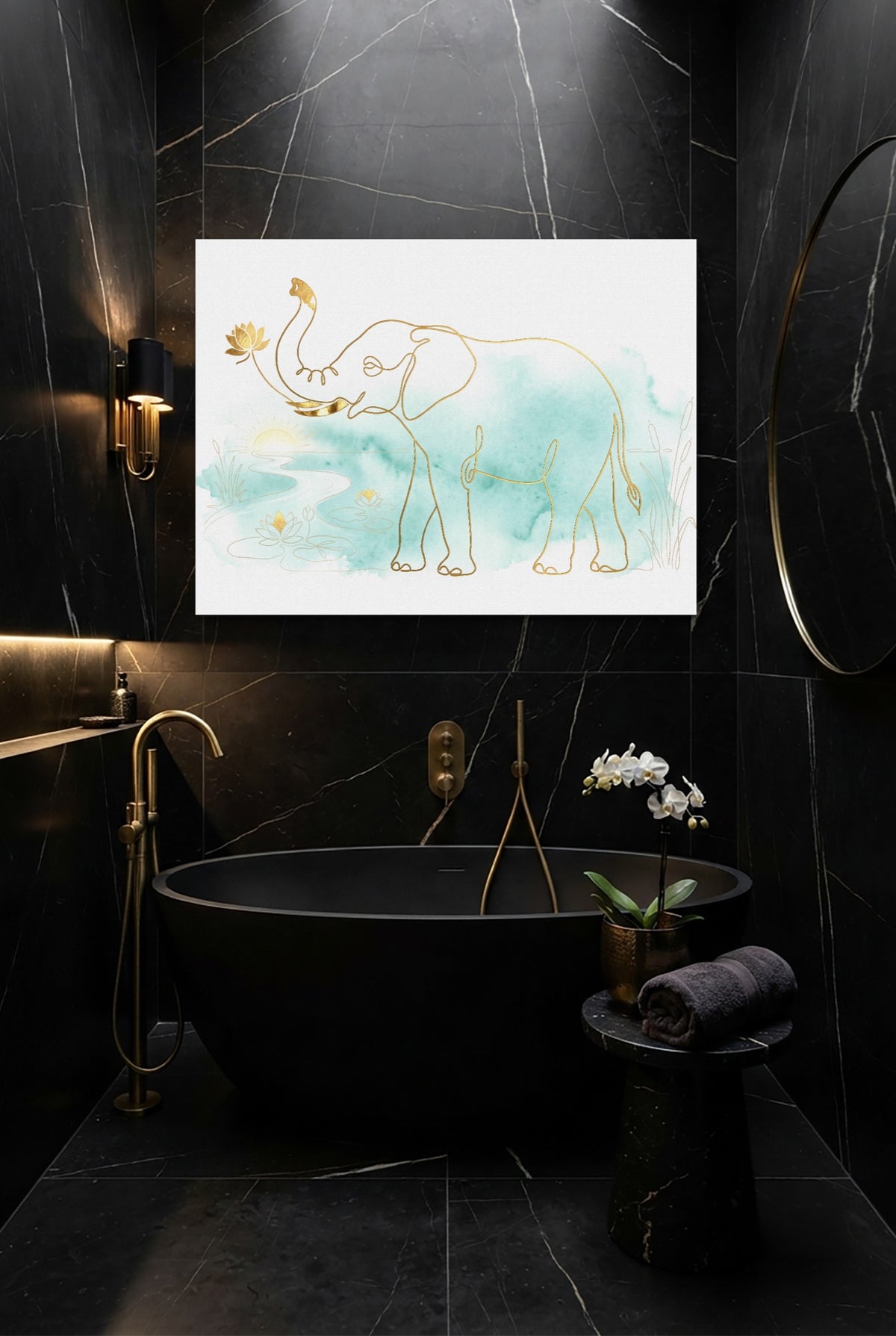 Elephant Teal Sunrise — elephant teal sunrise p small bathroom interior 1land flush print