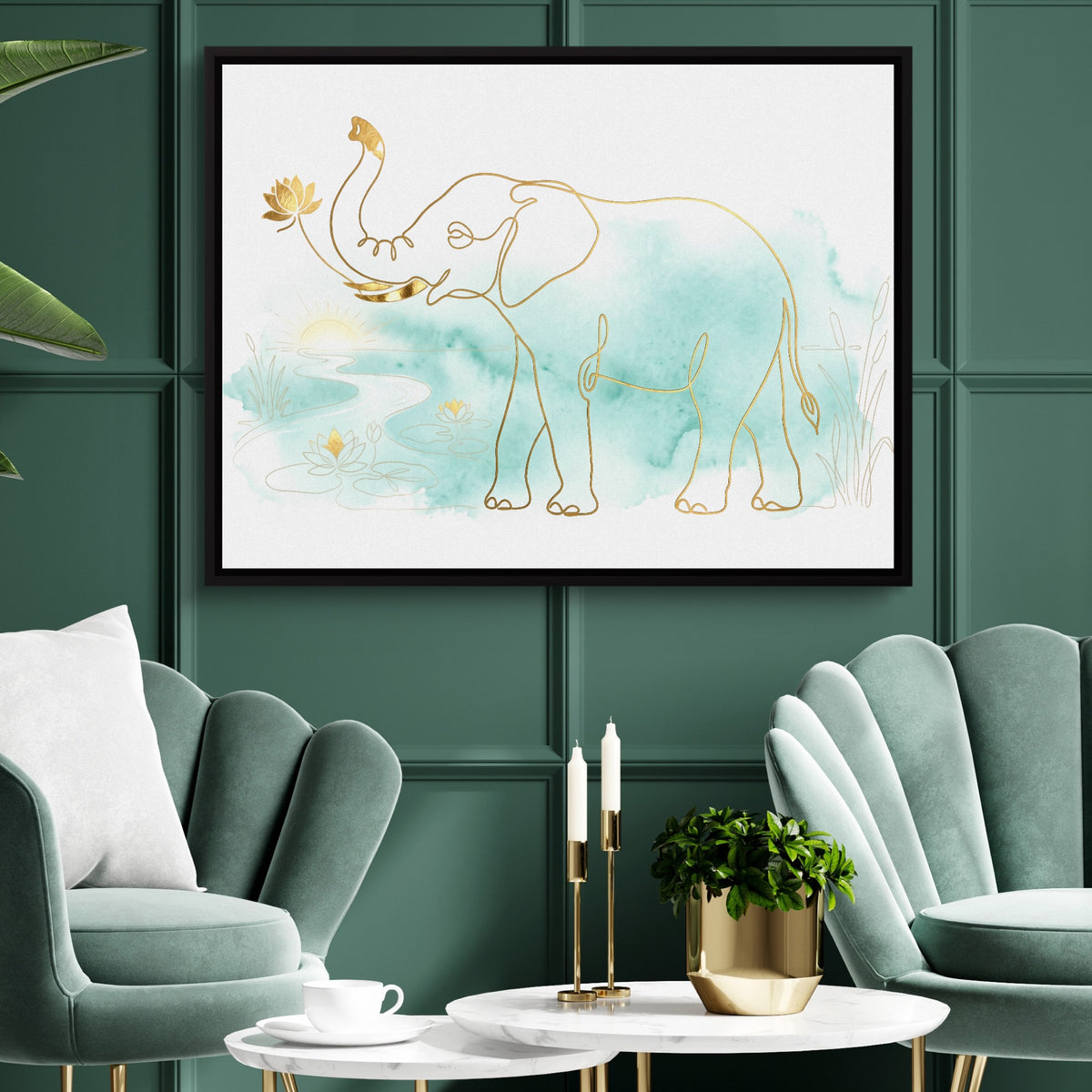 Elephant Teal Sunrise — elephant teal sunrise sq green luxury rom 1land framed black