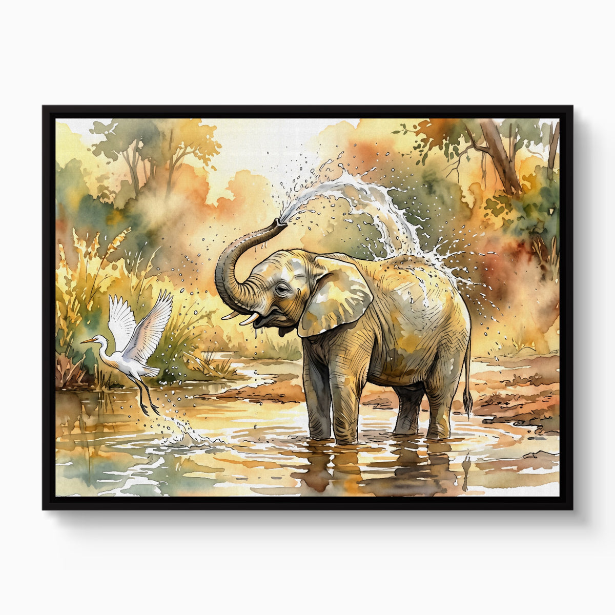 Elephant Water Splash — elephant water splash white studio framed black