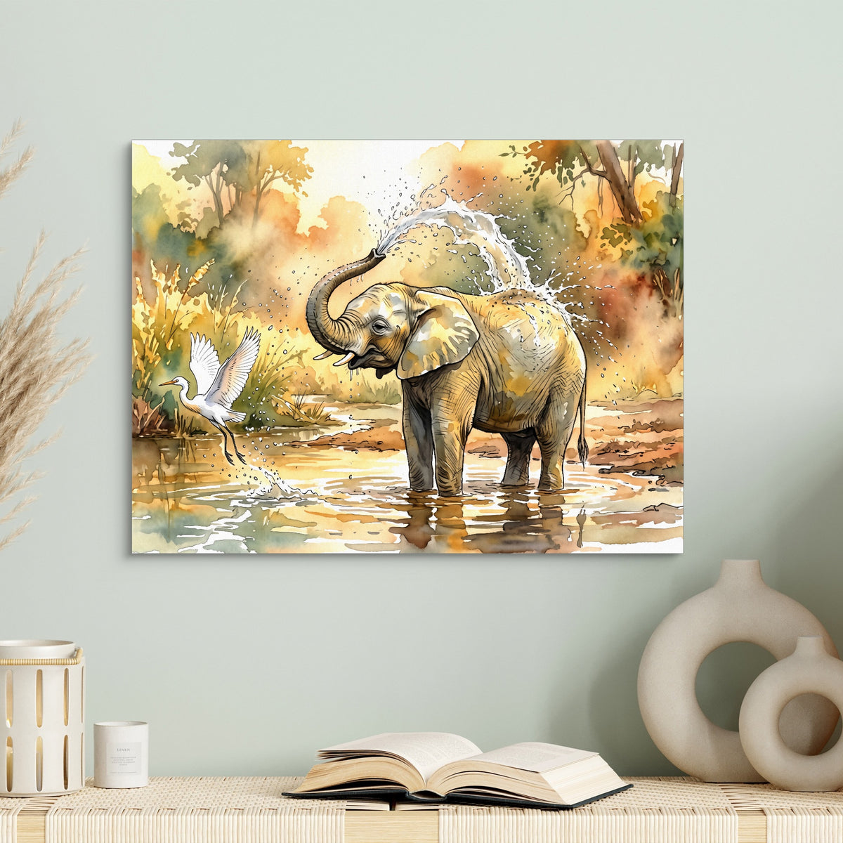 Elephant Water Splash — elephant water splash sq book table 1land flush print