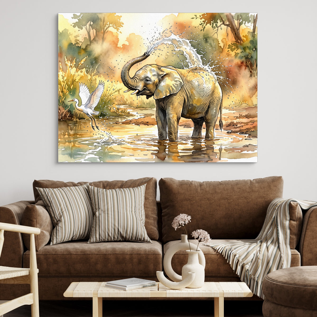 Elephant Water Splash — elephant water splash sq brown couch 1land flush print