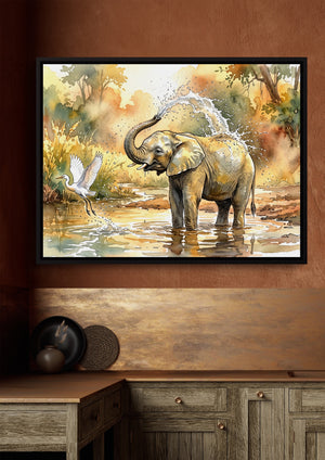 Elephant Water Splash — elephant water splash sq brown luxe 1land framed black