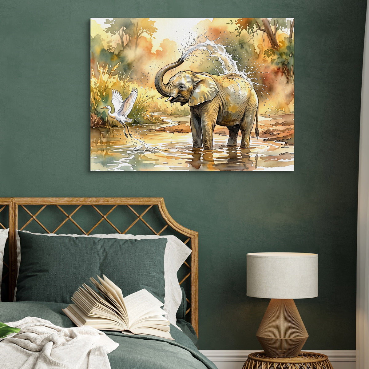 Elephant Water Splash — elephant water splash sq green bed 1land flush print