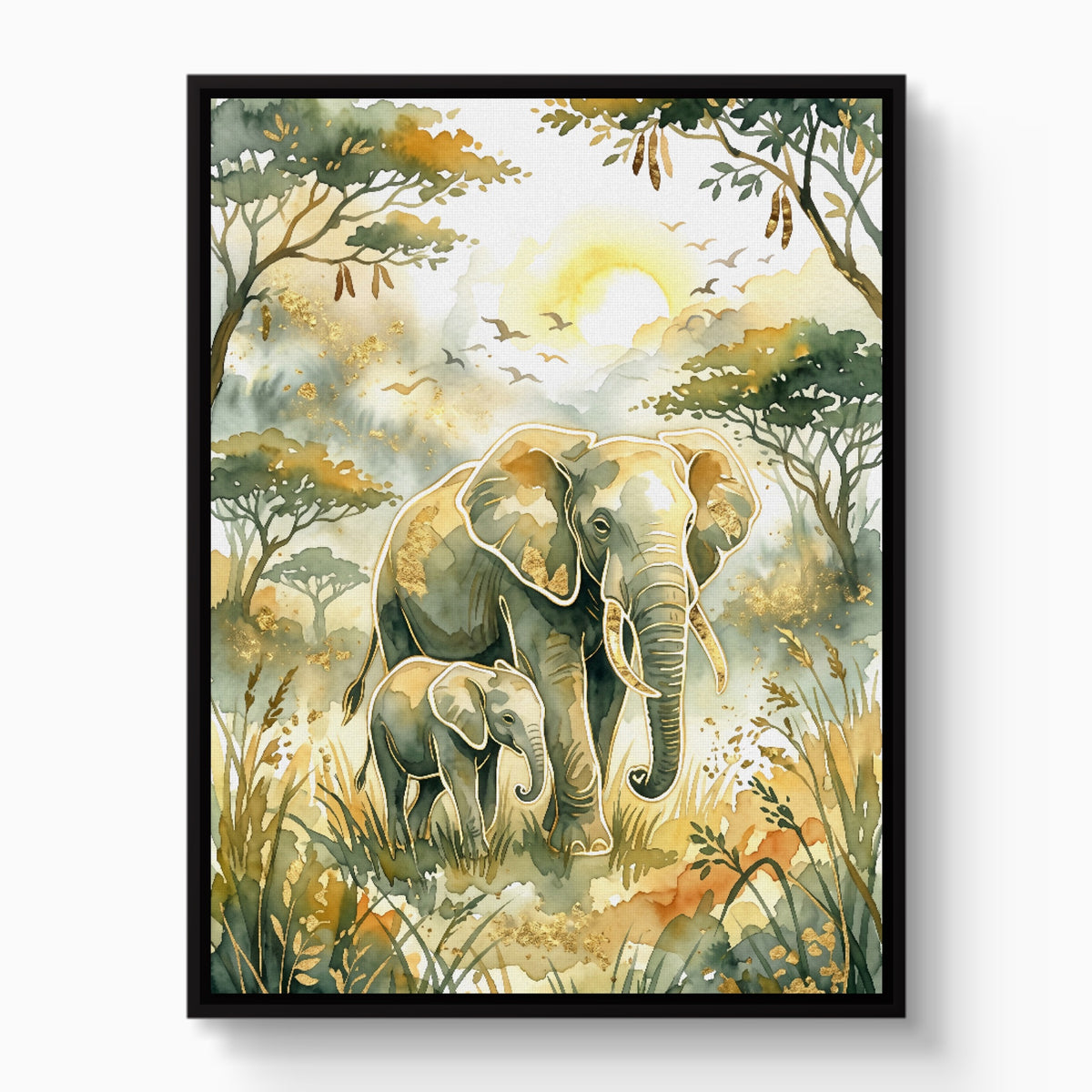 Elephants Golden Sunrise — elephants golden sunrise white studio framed black