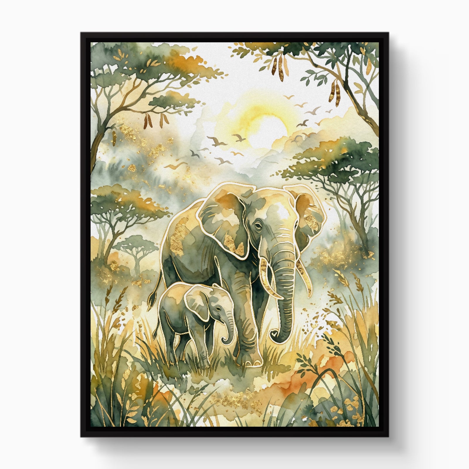 Elephants Golden Sunrise — elephants golden sunrise white studio framed black
