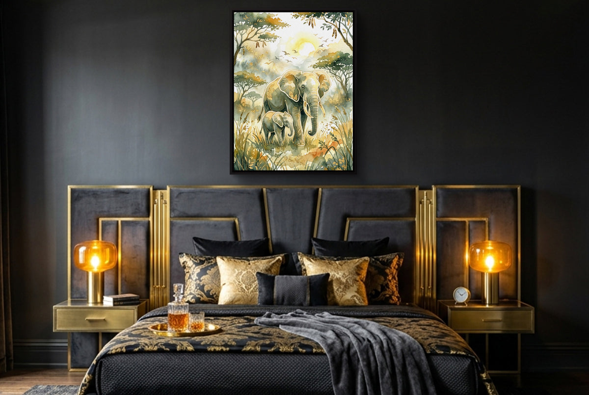 Elephants Golden Sunrise — elephants golden sunrise bedroom with window 2 1port framed black