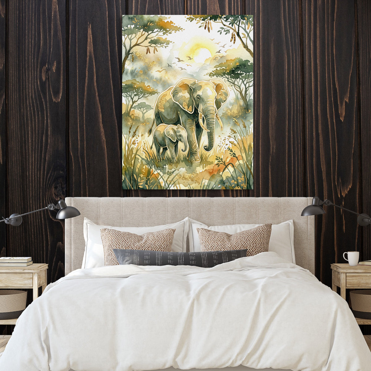 Elephants Golden Sunrise — elephants golden sunrise sq bedroom with wood walls 1port flush print