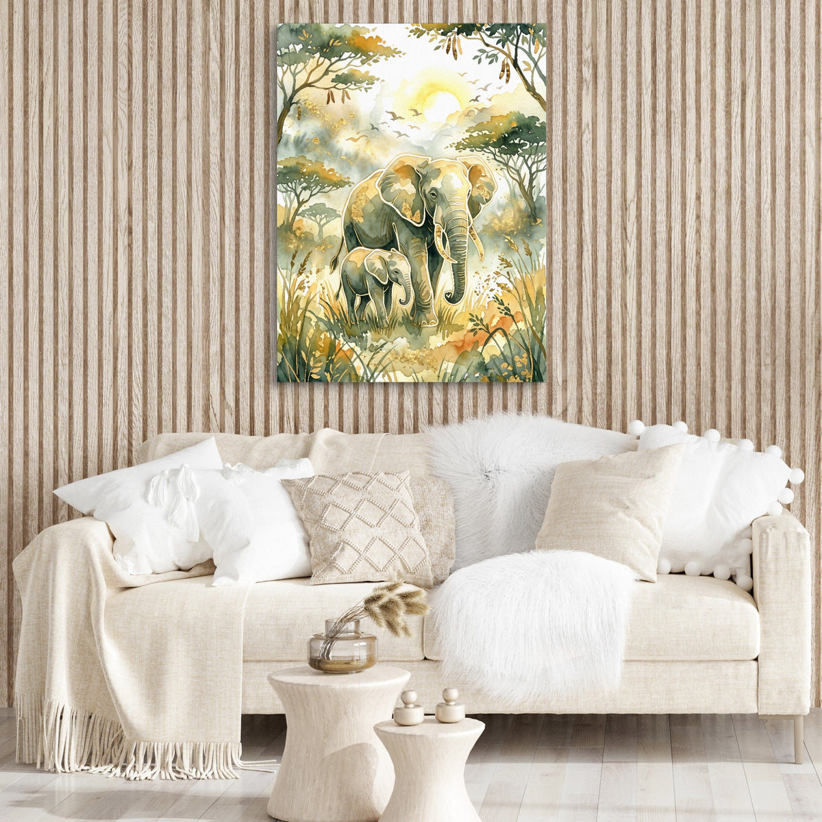 Elephants Golden Sunrise — elephants golden sunrise sq boujie couch 1port flush print
