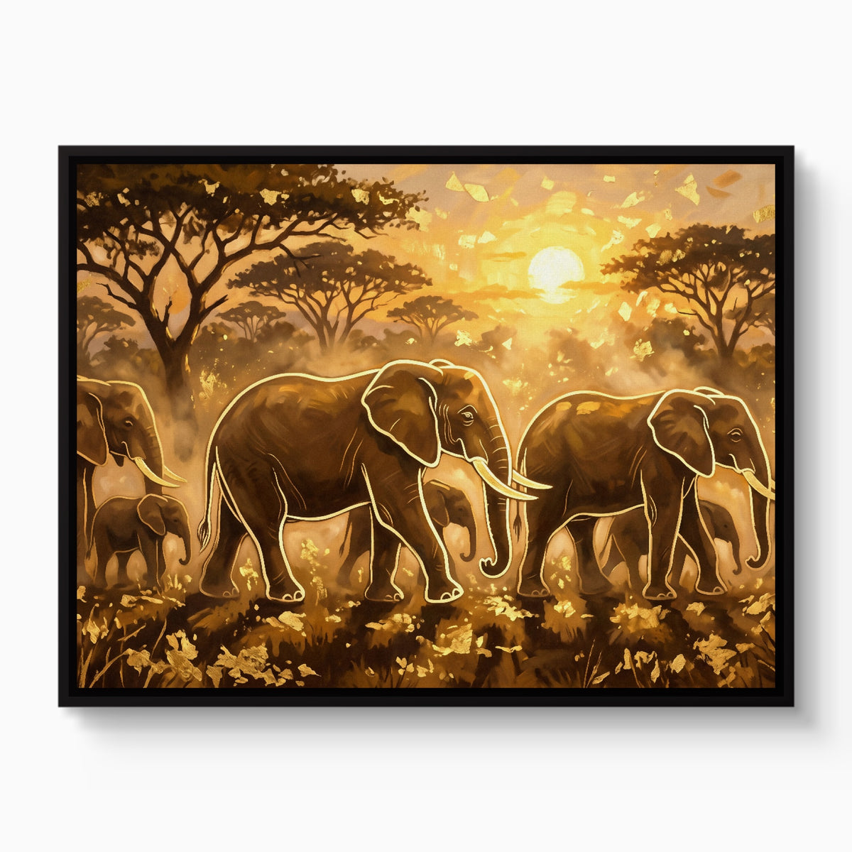 Elephants Golden Sunset — elephants golden sunset white studio framed black