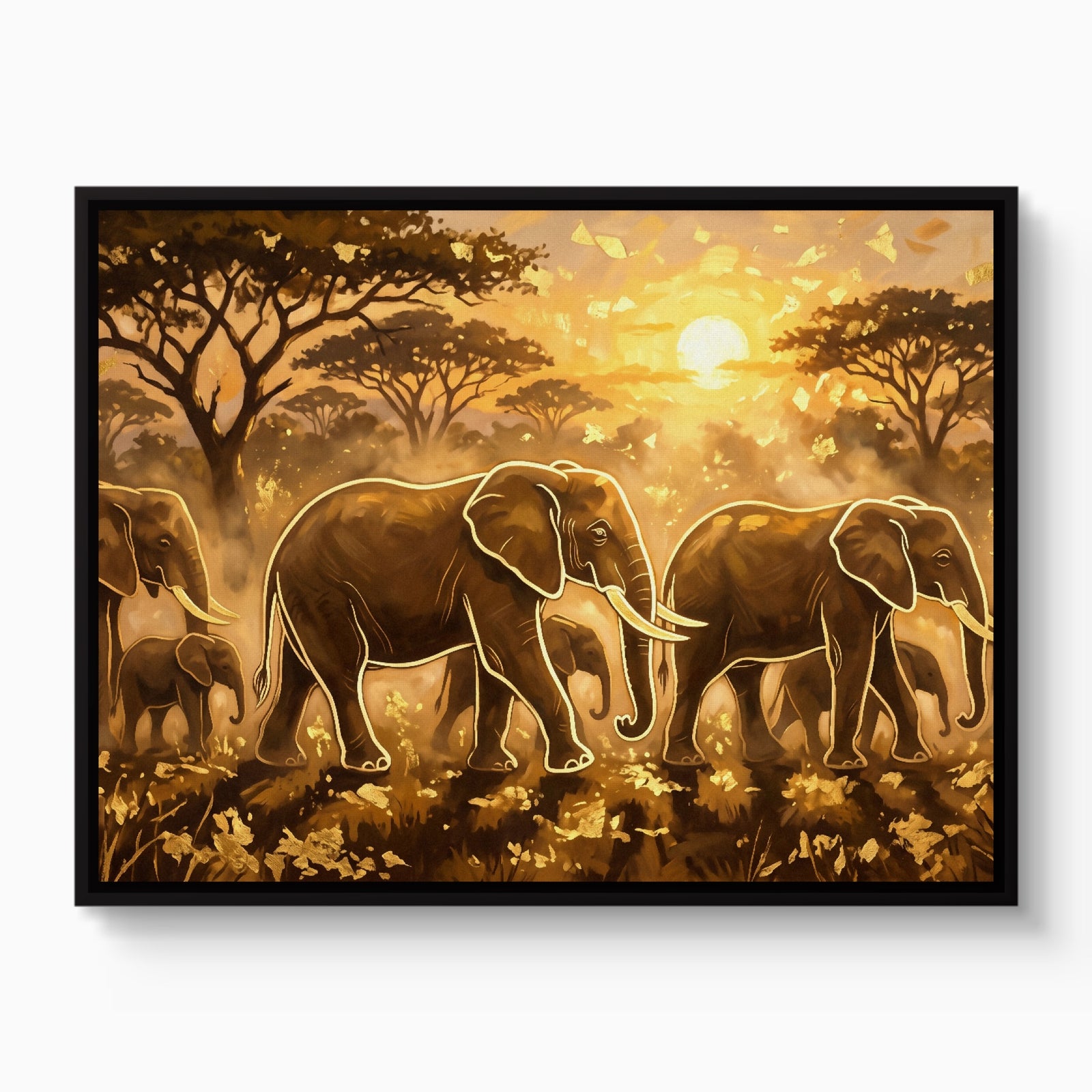 Elephants Golden Sunset — elephants golden sunset white studio framed black