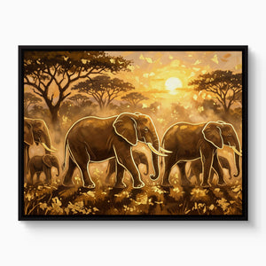 Elephants Golden Sunset — elephants golden sunset white studio framed black