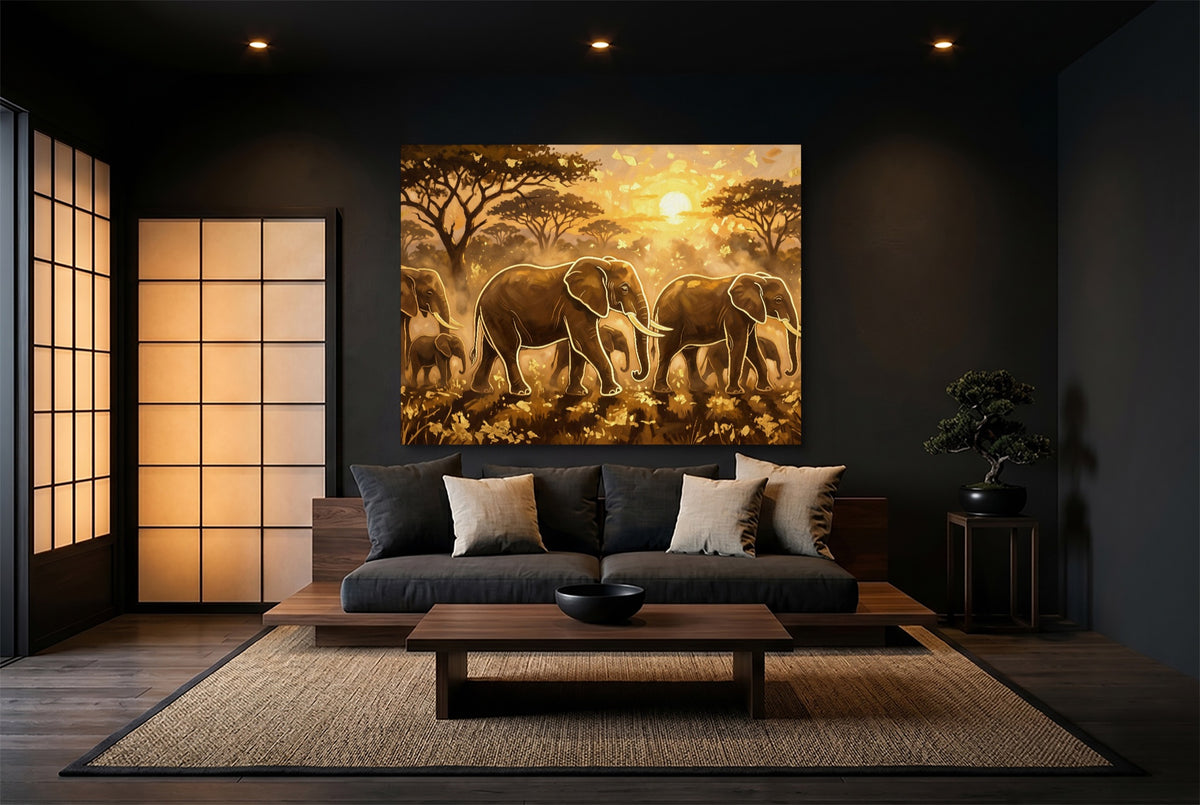 Elephants Golden Sunset — elephants golden sunset modern minimalist living room 2 1land flush print