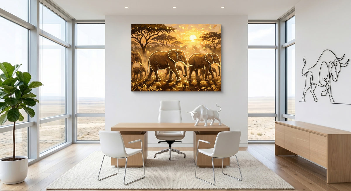 Elephants Golden Sunset — elephants golden sunset office space with furniture 1land flush print