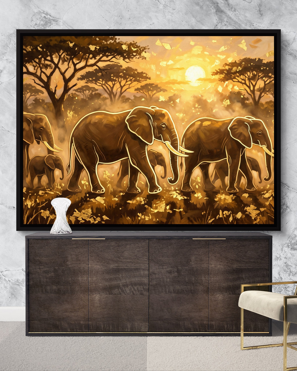 Elephants Golden Sunset — elephants golden sunset psd marble lux console 1land framed black