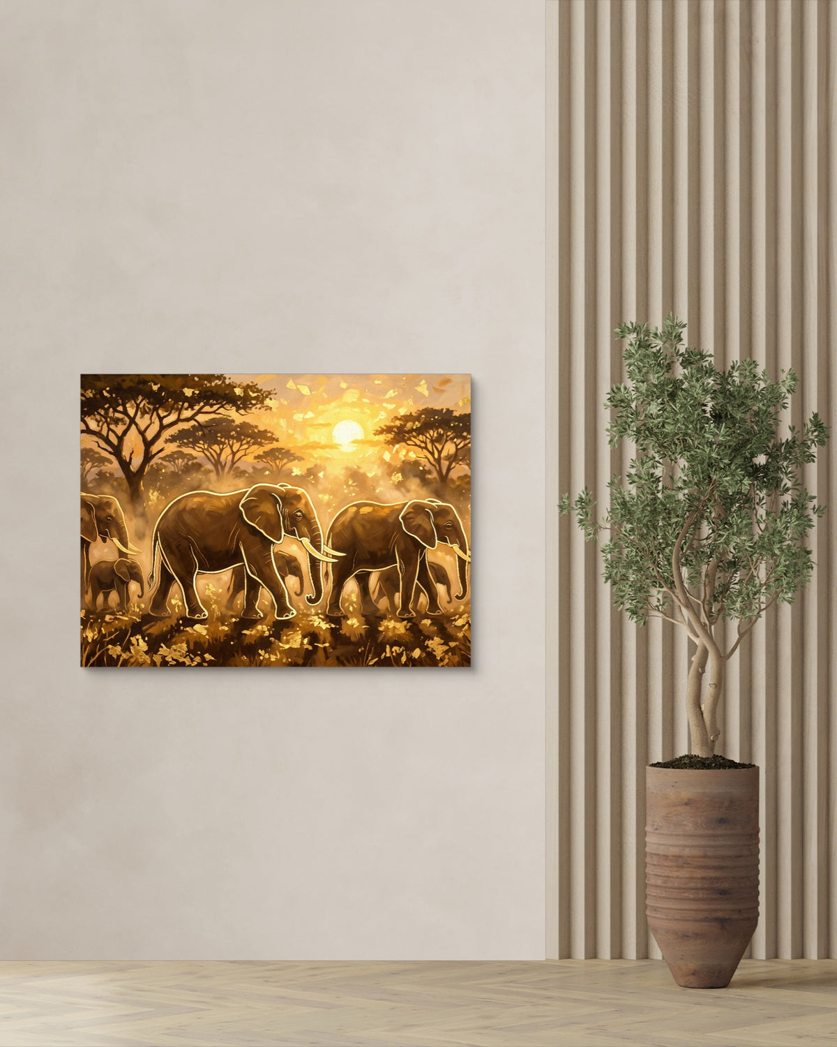 Elephants Golden Sunset — elephants golden sunset psd plant wall right 1land flush print