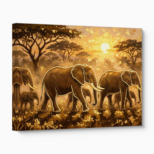 Elephants Golden Sunset — elephants golden sunset angled flush print