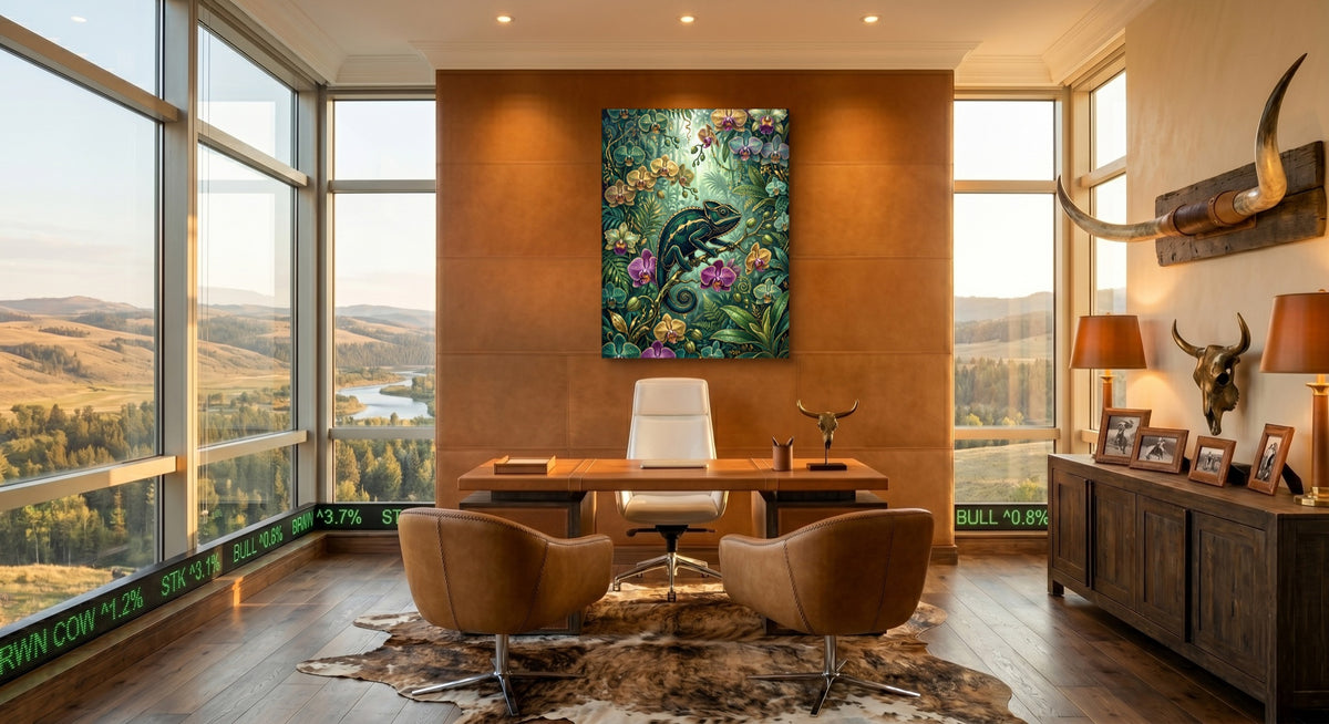 Emerald Chameleon Jungle — emerald chameleon jungle office with desk and chairs 1port flush print