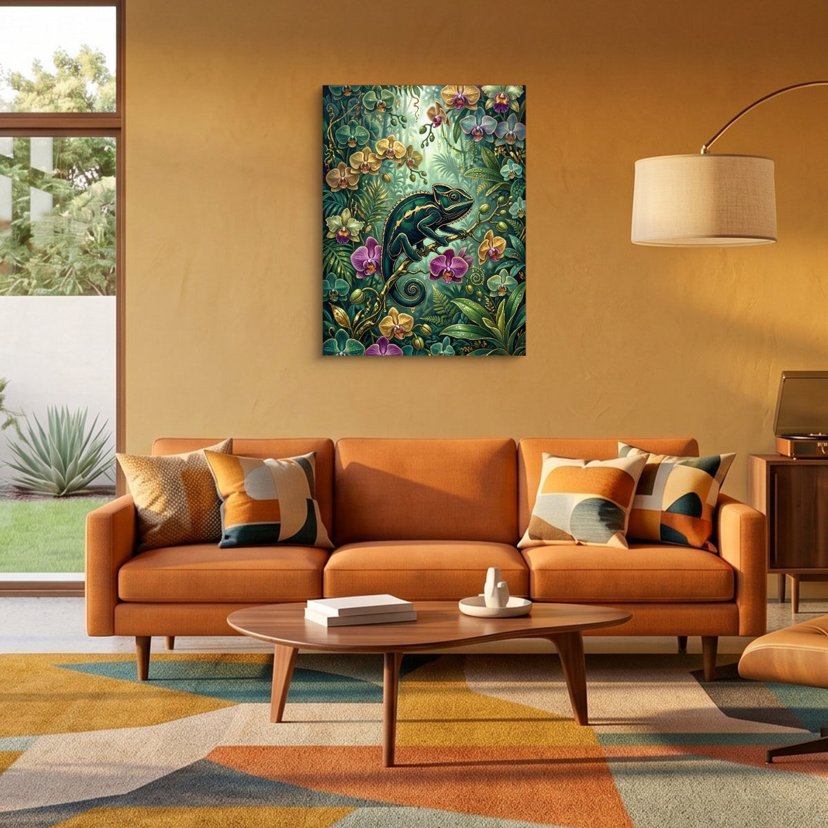 Emerald Chameleon Jungle — emerald chameleon jungle sq orange room 2 1port flush print