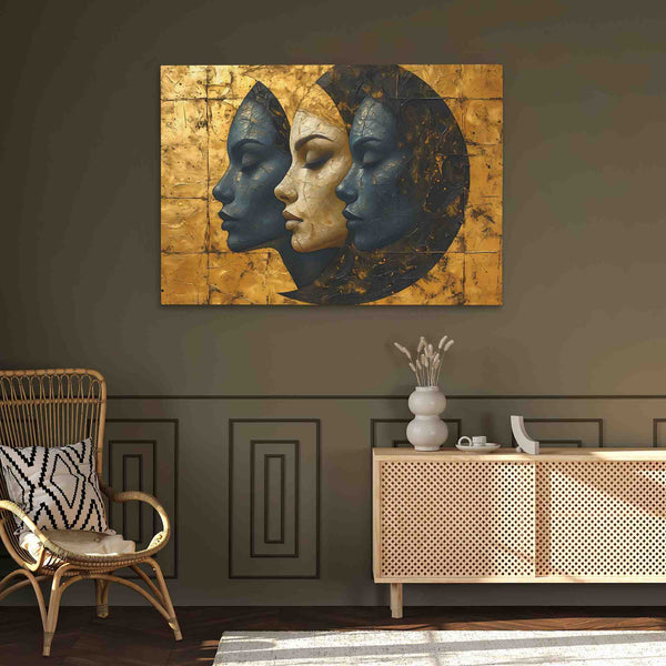Enigmatic Triplets - Triptych Faces in Gold - Luxury Wall Art