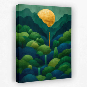 a painting of a forest with a yellow moon