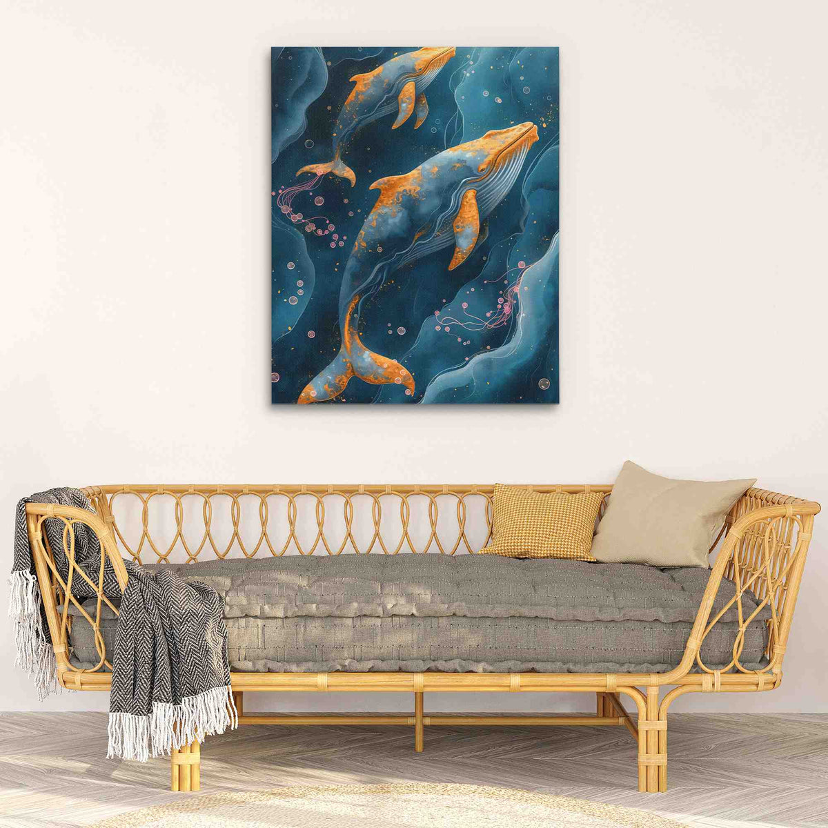 a living room with a couch and a painting on the wall