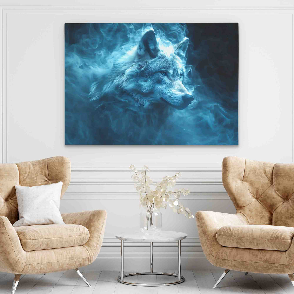 a living room with two chairs and a painting on the wall