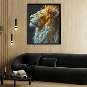 a living room with a black couch and a painting of a lion