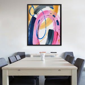 a dining room table with chairs and a painting on the wall