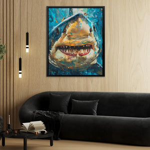 a living room with a couch and a painting of a shark