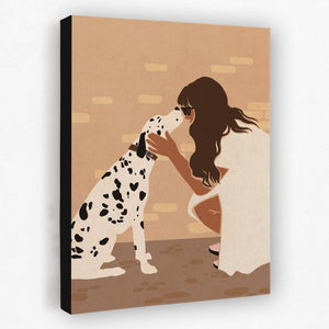 a painting of a woman petting a dalmatian