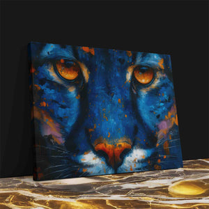 a painting of a blue tiger's face