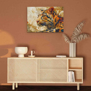 a painting of a tiger on a brown wall