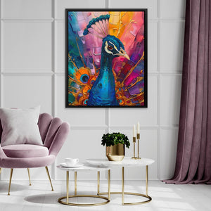 a painting of a peacock in a living room